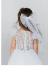 Beaded Ivory Lace Tulle Sheer Back Flower Girl Dress